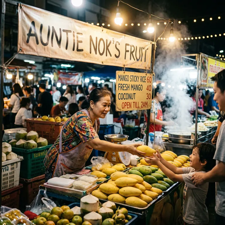 Gemini Nano Banana 2.1’s picture for “A fruit seller at a Bangkok night market hands a mango to a smiling child. Above the stall a banner reads AUNTIE NOK'S FRUIT, and a hand-painted price board lists MANGO STICKY RICE 60, FRESH MANGO 40, COCONUT 30, OPEN TILL 2AM. String lights, steam from a noodle stall, 35mm photo”