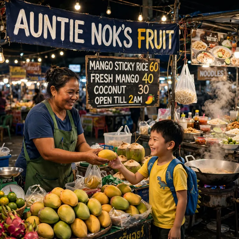Muse Image 1.0’s picture for “A fruit seller at a Bangkok night market hands a mango to a smiling child. Above the stall a banner reads AUNTIE NOK'S FRUIT, and a hand-painted price board lists MANGO STICKY RICE 60, FRESH MANGO 40, COCONUT 30, OPEN TILL 2AM. String lights, steam from a noodle stall, 35mm photo”