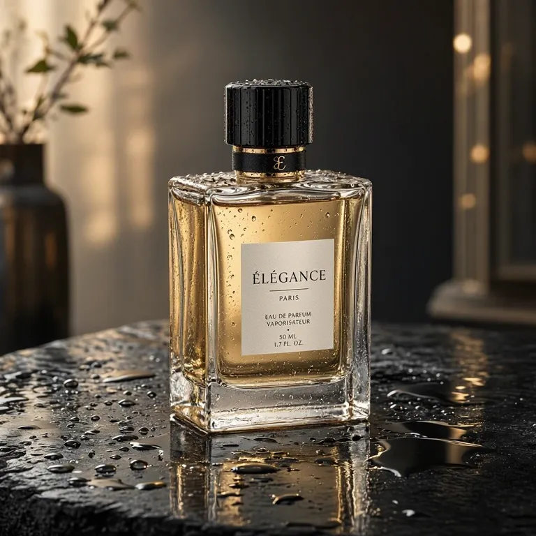 MAI-Image-2.6-Flash’s picture for “A glass perfume bottle on wet black stone, soft studio lighting, water droplets, high-end product photography”