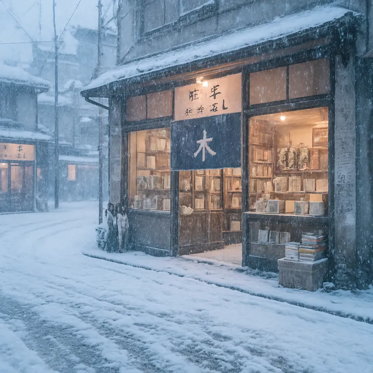 GPT Image 1 Mini’s picture for “Make it a snowy winter morning. Keep the bookshop, the street and the camera angle the same.”