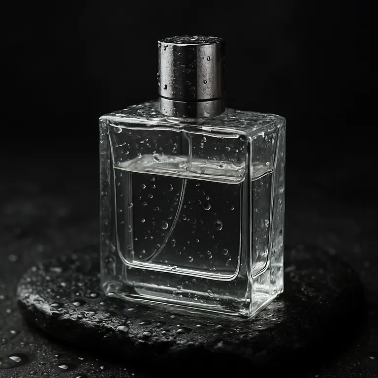 GPT Image 1 Mini’s picture for “A glass perfume bottle on wet black stone, soft studio lighting, water droplets, high-end product photography”