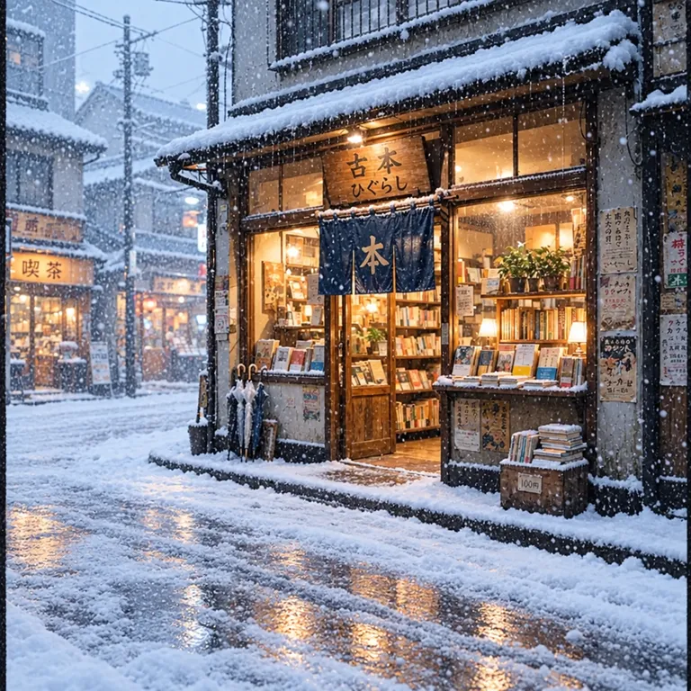 GPT Image 2.5 Flare’s picture for “Make it a snowy winter morning. Keep the bookshop, the street and the camera angle the same.”