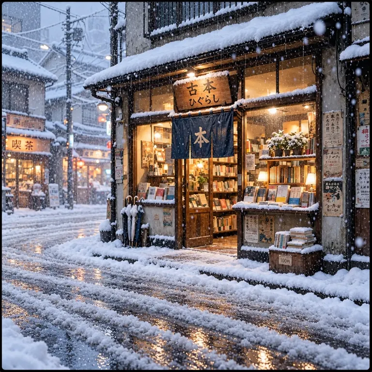 GPT Image 2.5 Sunburst’s picture for “Make it a snowy winter morning. Keep the bookshop, the street and the camera angle the same.”