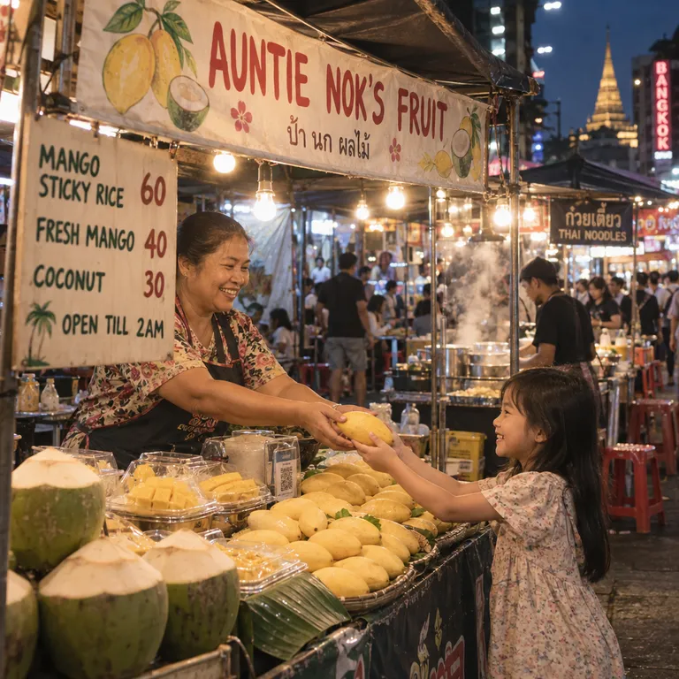 GPT Image 2.5 Sunburst’s picture for “A fruit seller at a Bangkok night market hands a mango to a smiling child. Above the stall a banner reads AUNTIE NOK'S FRUIT, and a hand-painted price board lists MANGO STICKY RICE 60, FRESH MANGO 40, COCONUT 30, OPEN TILL 2AM. String lights, steam from a noodle stall, 35mm photo”