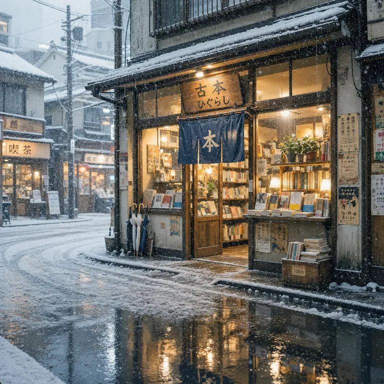 GPT Image 2’s picture for “Make it a snowy winter morning. Keep the bookshop, the street and the camera angle the same.”