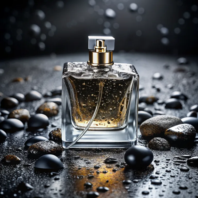 Recraft V2’s picture for “A glass perfume bottle on wet black stone, soft studio lighting, water droplets, high-end product photography”