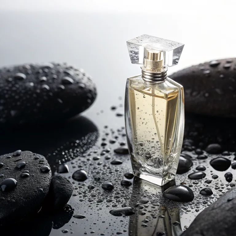 Recraft V3’s picture for “A glass perfume bottle on wet black stone, soft studio lighting, water droplets, high-end product photography”