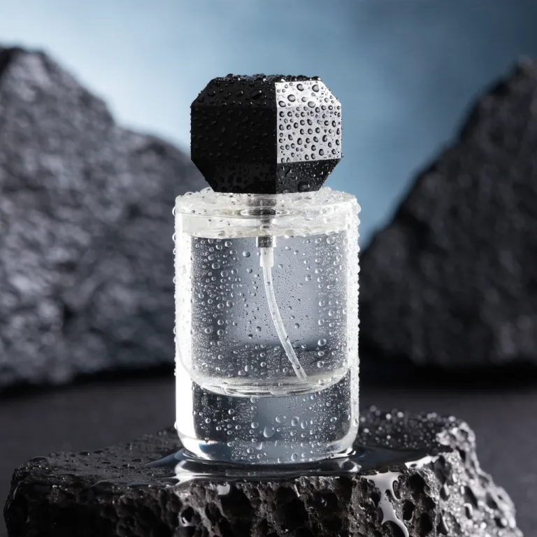 Recraft V4’s picture for “A glass perfume bottle on wet black stone, soft studio lighting, water droplets, high-end product photography”