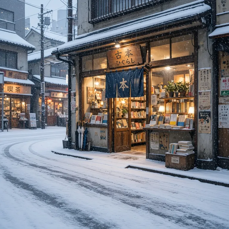 The bookshop in snow, edited by Grok Imagine Image 2.0