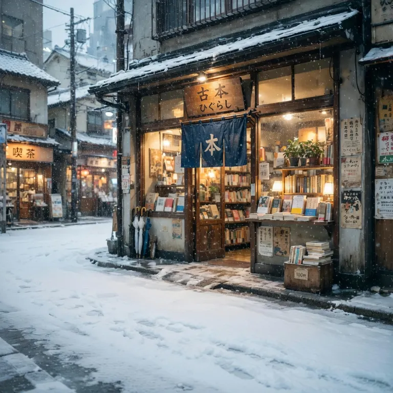 Grok Imagine Image’s picture for “Make it a snowy winter morning. Keep the bookshop, the street and the camera angle the same.”