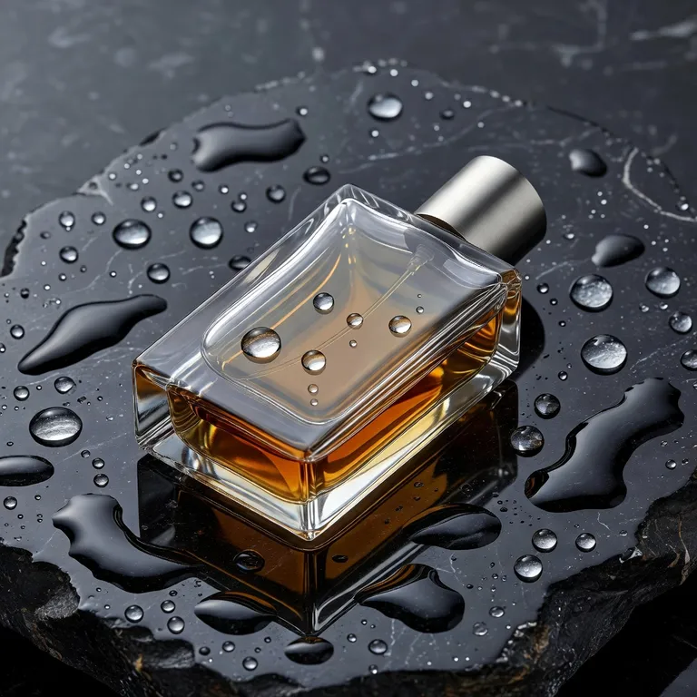 Grok Imagine Image’s picture for “A glass perfume bottle on wet black stone, soft studio lighting, water droplets, high-end product photography”